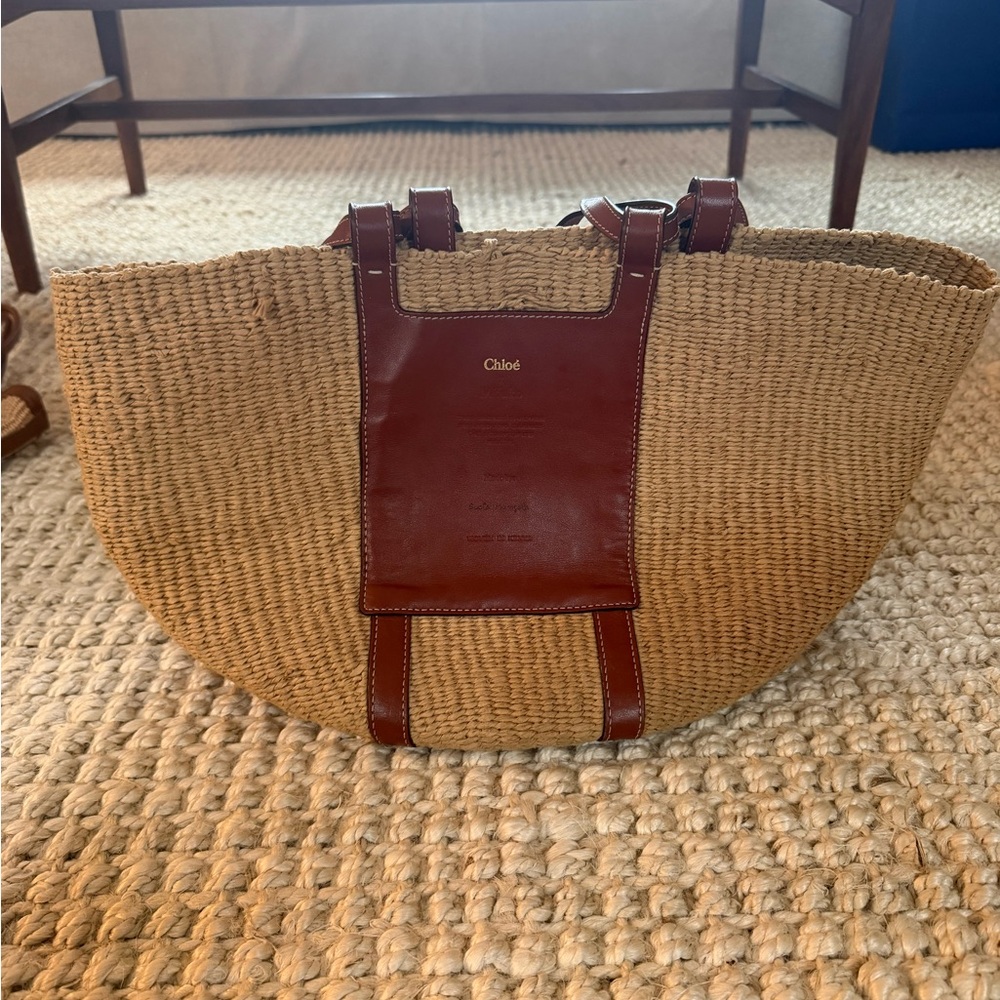 Chloé Braided Straw Tote with Brown Leather Trim